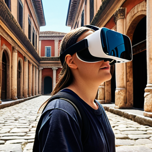 Home 4 **A student wearing a VR headset, exploring an ancient Roman street. The scene should be vibrant and detailed, with historically accurate architecture. In the background, interactive educational elements are subtly visible, like holographic information displays.**